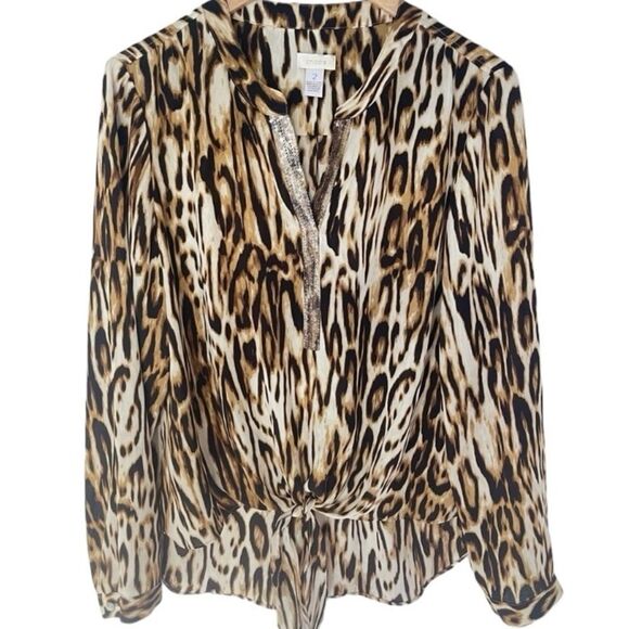Chico’s SZ 8 Chiffon Bianca Animal Print Shirt Tie Front Sequin Slit Neck - Picture 5 of 12